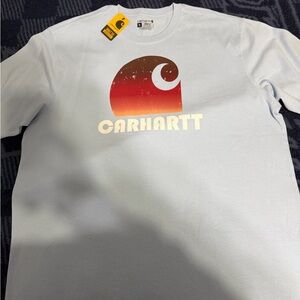 Carhartt Men's Light Blue T-Shirt with Red Gradient Logo